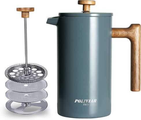 POLIVIAR French Press Coffee Maker, 34 Ounce Coffee Press with Real Wood Handle, Double Wall Insulation & Dual-Filter Screen, Food Grade Stainless Steel for Good Coffee and Tea (Lava) in Kuwait