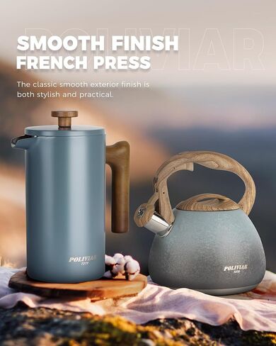 POLIVIAR French Press Coffee Maker, 34 Ounce Coffee Press with Real Wood Handle, Double Wall Insulation & Dual-Filter Screen, Food Grade Stainless Steel for Good Coffee and Tea (Lava) in Kuwait