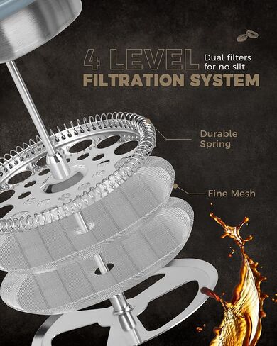 POLIVIAR French Press Coffee Maker, 34 Ounce Coffee Press with Real Wood Handle, Double Wall Insulation & Dual-Filter Screen, Food Grade Stainless Steel for Good Coffee and Tea (Lava) in Kuwait