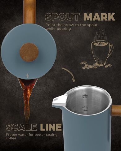 POLIVIAR French Press Coffee Maker, 34 Ounce Coffee Press with Real Wood Handle, Double Wall Insulation & Dual-Filter Screen, Food Grade Stainless Steel for Good Coffee and Tea (Lava) in Kuwait