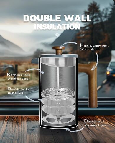 POLIVIAR French Press Coffee Maker, 34 Ounce Coffee Press with Real Wood Handle, Double Wall Insulation & Dual-Filter Screen, Food Grade Stainless Steel for Good Coffee and Tea (Lava) in Kuwait
