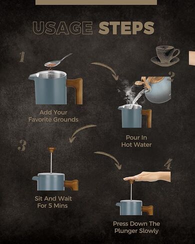 POLIVIAR French Press Coffee Maker, 34 Ounce Coffee Press with Real Wood Handle, Double Wall Insulation & Dual-Filter Screen, Food Grade Stainless Steel for Good Coffee and Tea (Lava) in Kuwait