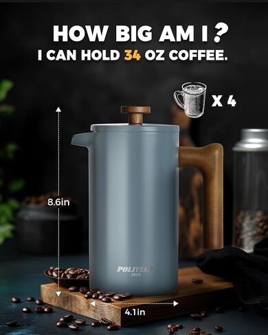 POLIVIAR French Press Coffee Maker, 34 Ounce Coffee Press with Real Wood Handle, Double Wall Insulation & Dual-Filter Screen, Food Grade Stainless Steel for Good Coffee and Tea (Lava) in Kuwait