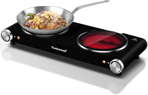 Techwood Double Hot Plates for Cooking, 1800W Electric Stove Infrared Ceramic Countertop Burner with Dual Adjustable Temperature & Glass Cooktop for Home/RV/Camp, Compatible for All Cookwares, Red in Saudi Arabia