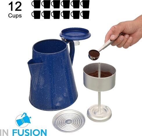 Camping Coffee Percolator - Enamel Coating Gloss Finish And Glass Cap For Backpacking, Campsite, Kitchen And FireCoffee Pot Makes 12 Cups - Comes With Basket For Grounds And Stainless Steel Spoon in Saudi Arabia