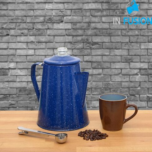 Camping Coffee Percolator - Enamel Coating Gloss Finish And Glass Cap For Backpacking, Campsite, Kitchen And FireCoffee Pot Makes 12 Cups - Comes With Basket For Grounds And Stainless Steel Spoon in Saudi Arabia