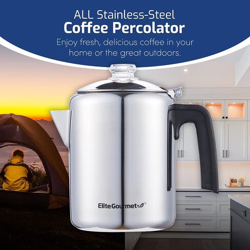 Elite Gourmet EC924 Electric Coffee Percolator, BPA Free, Keep Warm, Clear Brew Progress Knob, Cool-Touch Handle, Cordless Serve, 12-Cup, Stainless Steel in Kuwait
