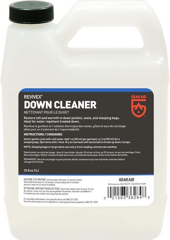 GEAR AID Revivex Down Cleaner for Washing and Restoring Loft in Puffer Jackets, Vests, Blankets, Feather-filled Pillows, Comforters and Sleeping Bags, 1 Liter (33.8 fl oz) in Kuwait