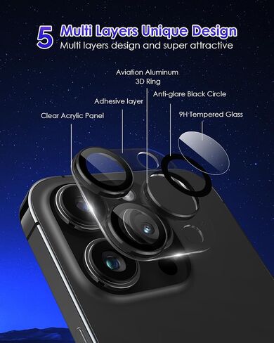 Compatible for iPhone 16 Pro Max/iPhone 16 Pro/iPhone 14 Pro/iPhone 14 Pro Max Camera Lens Protector [Full Coverage Metal] 9H Tempered Glass Camera Cover Titanium Black in Kuwait