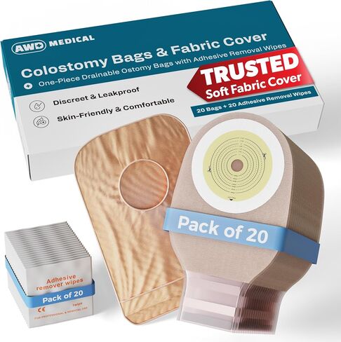 20 PCS Colostomy Bags – Ostomy Supplies - One-Piece Drainable Ostomy Bag with Odor Control for Ilestomy Stoma Care, Includes Measuring Guide, Ostomy Bag Covers, Adhesive Remover Wipes - Cut-to-Fit in Kuwait