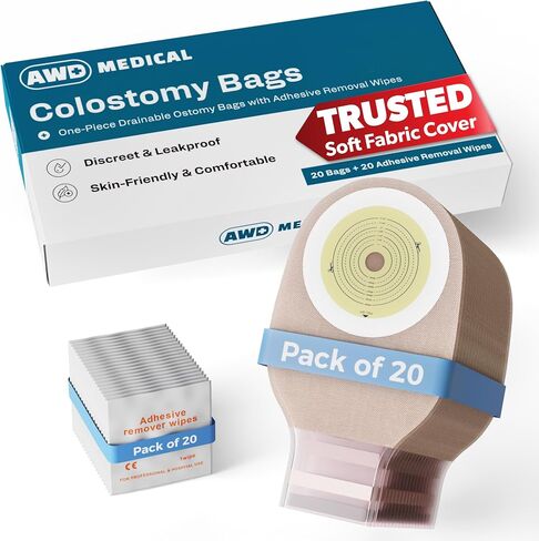 20 PCS Colostomy Bags – Ostomy Supplies - One-Piece Drainable Ostomy Bag with Odor Control for Ilestomy Stoma Care, Includes Measuring Guide, Ostomy Bag Covers, Adhesive Remover Wipes - Cut-to-Fit in Kuwait