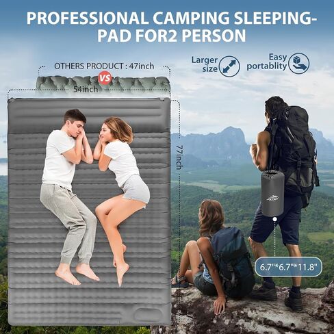 Self-Inflating Double Sleeping Pad - Camping Mattress for 2 Person, 4.7 Inch Extra-Thick Inflatable Camping Pad with Built-in Foot Pump, Ultralight Sleeping Mat for Backpacking Blue in Saudi Arabia