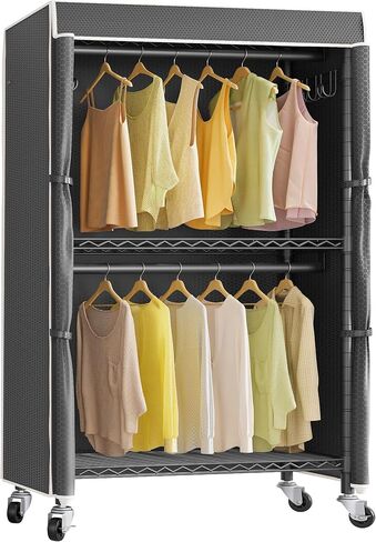 VIPEK R2C Heavy Duty Rolling Garment Rack with Cover, Portable Closets with Double Rods & Lockable Wheels, Covered Clothing Rack for Hanging Clothes, Black Rack with Black Upgarded Polyester Cover in Kuwait