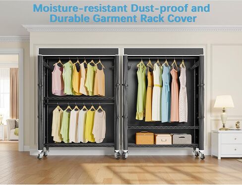 VIPEK R2C Heavy Duty Rolling Garment Rack with Cover, Portable Closets with Double Rods & Lockable Wheels, Covered Clothing Rack for Hanging Clothes, Black Rack with Black Upgarded Polyester Cover in Kuwait