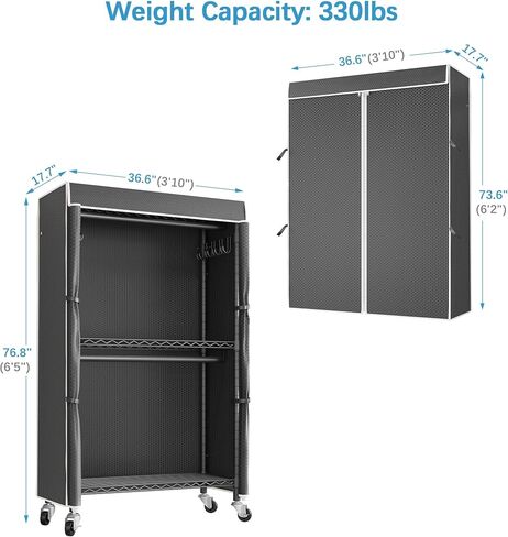 VIPEK R2C Heavy Duty Rolling Garment Rack with Cover, Portable Closets with Double Rods & Lockable Wheels, Covered Clothing Rack for Hanging Clothes, Black Rack with Black Upgarded Polyester Cover in Kuwait