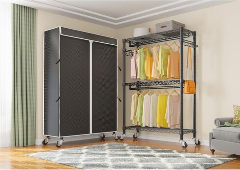 VIPEK R2C Heavy Duty Rolling Garment Rack with Cover, Portable Closets with Double Rods & Lockable Wheels, Covered Clothing Rack for Hanging Clothes, Black Rack with Black Upgarded Polyester Cover in Kuwait