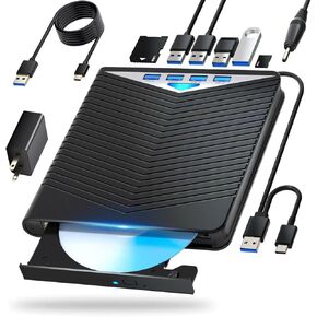 External Blu-ray Drive, Compatible with BD/DVD/CD Player/Read/Write USB 3.0 &/Type-C Windows 7-11 & Mac PC-Compatible with TF/SD/USB
