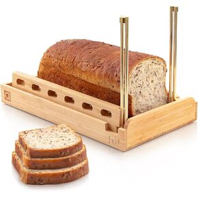 DITTO 2.0 Bamboo Bread Slicer for Homemade Bread - 6.5" Wide Adjustable Bread Slicer Guide Cuts Even Slices, 4 Thickness Options - Works with Buns, Bagels - Incl Crumb Tray