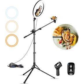 Aureday 12″ Selfie Ring Light with Stand & Extendable Arm-Overhead Ringlight Tripod for iPhone with Mic Mount & 2 Phone Holders, Circle Lighting for Tiktok/Live Streaming/Video Recording/Music/Cooking