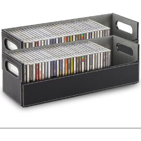 Stock Your Home 2- Pack CD Storage Box, Organizer Shelf for Movie Cases, DVDs, Cassette Tape Display Stand, Disc Holder Can Store Up to 40 CDs, Faux Leather (Black with Gray Interior) in Kuwait