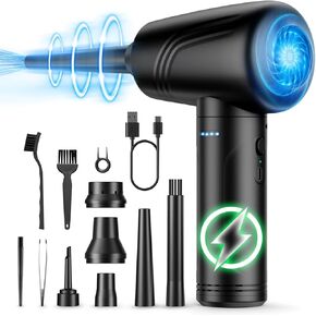 Duster Air Air مضغوط 11 في 1 ، 30000 دورة في الدقيقة قابلة للتعديل 120000 دورة في الدقيقة مع ضوء LED ، قابلة لإعادة الاستخدام بدون لوحة مفاتيح معلبة للمكتب ، 9000 مللي أمبير من هواء اللاسلكي للكمبيوتر/السيارة