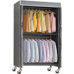 VIPEK R2C Heavy Duty Rolling Garment Rack with Cover, Portable Closets with Double Rods & Lockable Wheels, Covered Clothing Rack for Hanging Clothes, Black Rack with Black Upgarded Polyester Cover