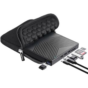 ROOFULL External CD DVD Drive Player Burner USB 3.0 & USB-C Portable CD/DVD-ROM +/-RW Optical Disk Drive with 4 USB Ports + 2 SD/TF Card Reader + Carrying Case for Laptop PC Windows Mac Linux Computer