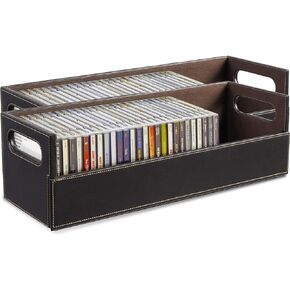 Stock Your Home 2- Pack CD Storage Box, Organizer Shelf for Movie Cases, DVDs, Cassette Tape Display Stand, Disc Holder Can Store Up to 40 CDs, Faux Leather (Black with Gray Interior)