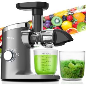 Aeitto Slow Masticating Juicer, Cold Press Jucier Machine with Soft & Hard Modes, Quiet Motor, Juicer Machines Vegetable and Fruit, Juice Extractor machine, Easy to Clean with Brush, Grey