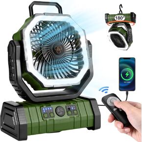 Odoland 30000mAh Camping Fan with LED Lantern, Rechargeable Battery Operated Oscillating with Remote Hook Stroage Bag, Portable Tent Fan with Timer, 4 Speeds for Outdoor RV Jobsite Power Outage, Green in Kuwait