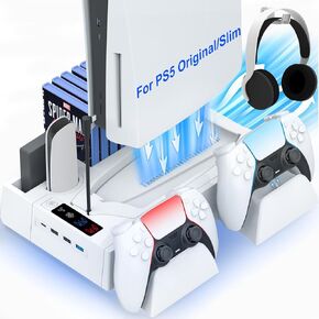 محطة تبريد PS5/Slim لـ PS5 Disc & Digital ، وقصة تبريد PS5 مع شحن وحدة تحكم مزدوجة لوحدة التحكم PlayStation 5 ، شاحن وحدة تحكم ملحقات متعددة الوظائف مع فتحة التخزين