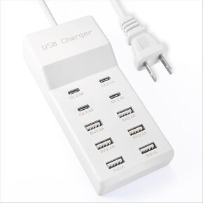 USB Charger USB C Charging Station 10 Ports Multiple USB Charger Station (4 USB C Port) Power Hub Strip Smart Plug USBC Charging Station for Phones Tablet Smartwatch Headphones Speakers
