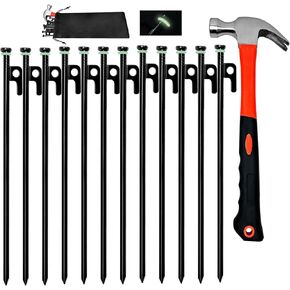 12Pcs Tent Stake with Hammer Set, 8in Tent Stakes Heavy Duty with 10.5in Camping Hammer, Storage Pouch, Forged Steel Tent Stakes for Camping Used on Rocks, Grassland(12Pcs 8in Stakes+Hammer)