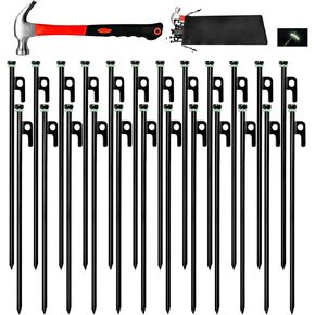 حصة خيمة 12pcs مع مجموعة Hammer ، 8in Tent Stakes ثقيلة مع مطرقة التخييم 10.5 بوصة ، حقيبة تخزين ، مخاطر خيمة فولاذية مزورة للتخييم المستخدمة على الصخور ، الأراضي العشبية (12pcs 8in Stakes+Hammer) in Kuwait