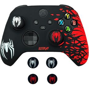 Black and Red Spider Anti-Slip Silicone Cover Skin for Xbox Controller, Soft Rubber Case for Xbox Series X, Series S and Xbox One Wireless Controller With 2 Sets Thumb Grips