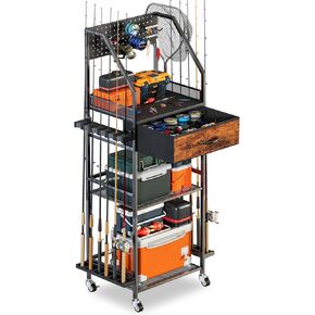 Fishing Rod Holder Organizer with Fabric Drawer & Hooks, Space-Saving Garage Storage for 12 Rods, Reels, Tackle Boxes, Portable Fishing Gear Cart for Easy Access & Mobility