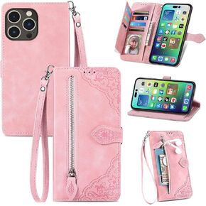 Cases for iPhone 14 Pro Max Wallet Case for Women with Card Holder Embossed Flower Zipper Flip Wallet PU Leather Protective Cover Detachable Lanyard for Apple iPhone 14 Pro Max 6.7" Purple