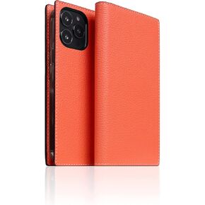 SLG D8 Neon Full Grain Leather Wallet Case for iPhone 13 Pro - Handcrafted Diary Style with Card Holders and Side Cash Pocket, Gift Box Included (Coral)