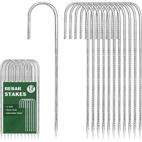 CEWOR 6 Pack 12 Inch Rebar Stakes, U Hook Galvanized Trampoline Stakes High Wind Ground Anchors for Camping Tent, Chain Link Fence, Heavy Duty Metal Steel Yard Landscape Garden Staples