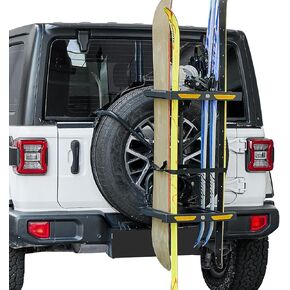 JOYTUTUS Spare Tire Ski Snowboard Rack with Security Lock Folding for Wrangler Gladiator Bronco SUV, Max Load 6 Pairs of Skis or 4 Snowboards
