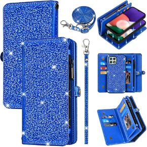 Wallet Cover for Samsung Galaxy A42 5G with Detachable Cell Phone Case Zipper Purse, Wrist Strap Shoulder Strap Glitter PU Leather Card Holder Stand for A 42 G5 42A S42 4G 2021 Women Men Grey