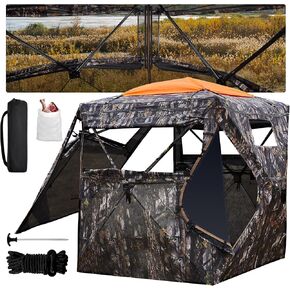 Hunting Blind 300D See Through Ground Blinds, 3-4 Person 270 Degree 2 Doors Pop Up Deer Blind Portable Camouflage Hunting Tent, for Turkey & Deer Hunting with Cyclone Tent Stakes and Wind Ropes
