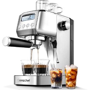 Amzchef Espresso Machine 20 BAR ، صانع الإسبريسو المدمج مع درجة حرارة قابلة للتعديل ، آلة قهوة من الفولاذ المقاوم للصدأ مع شاشة LCD و Milk Frother for Latte و Cappuccino و Home & Office Use