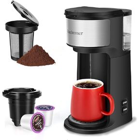 K Cup Coffee Maker, Single Serve coffee machine or Ground Coffee Machine 2 in 1, 6 to 14 Oz Brew Sizes, Mini One Cup Coffee Maker with Self cleaning Function, Fits Travel Mug, Black