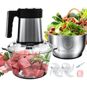 Electric Food Processor with 8 Cup+8 Cup Stainless Steel & Glass Bowls, 2 Speed Mode Meat Grinder with 2 Sets Blades, Food Chopper for Family & Baby Food, Meat, Fruit, Onion, Vegetables (Blue)