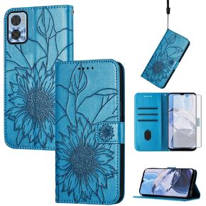 Asuwish Phone Case for Motorola Moto E22/E22i 4G with Tempered Glass Screen Protector and Floral Pattern Wallet Cover Leather Credit Card Holder Stand Mobile Cell Accessories E 22 22i Light Purple