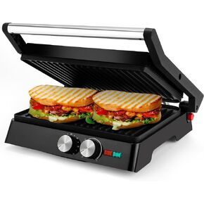 Pukomc Panini Grill Press,Sandwich Maker Press,Contact Grill, 1400W Non-Stick Grill, 60-Minute Timer, 180 Degrees Opening, Stainless Steel