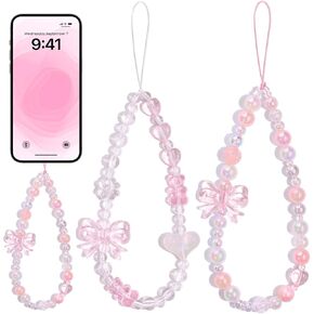 4 PCS Cute Phone Charms Aesthetic Y2K Cellphone Wrist Strap Bedazzling Bear Bow Butterfly Heart Star Flower Accessories Pink Beaded Anti-Theft Chain String for Bag Keychain Airpods Decor