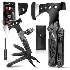 Camping Multitool Accessories Gifts for Men Dad 16 in 1 Upgraded Multi Tool Survival Gear with Axe Hammer Pliers Saw Screwdrivers Bottle Opener Whistle & Portable Sheath For Hiking,Fishing