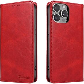 iPhone 13 Pro Max Case, Premium PU Leather Wallet Case with Card Holder Kickstand Built-in Magnetic Closure Flip Folio Phone Cover for iPhone 13 Pro Max - Red